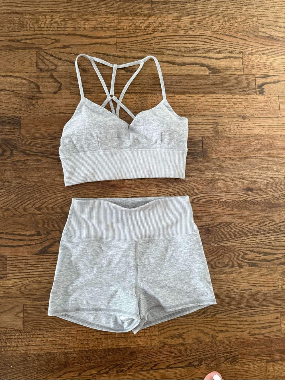 ALO Yoga Alosoft Sports Bra & Bike Shorts in Light Heather Grey